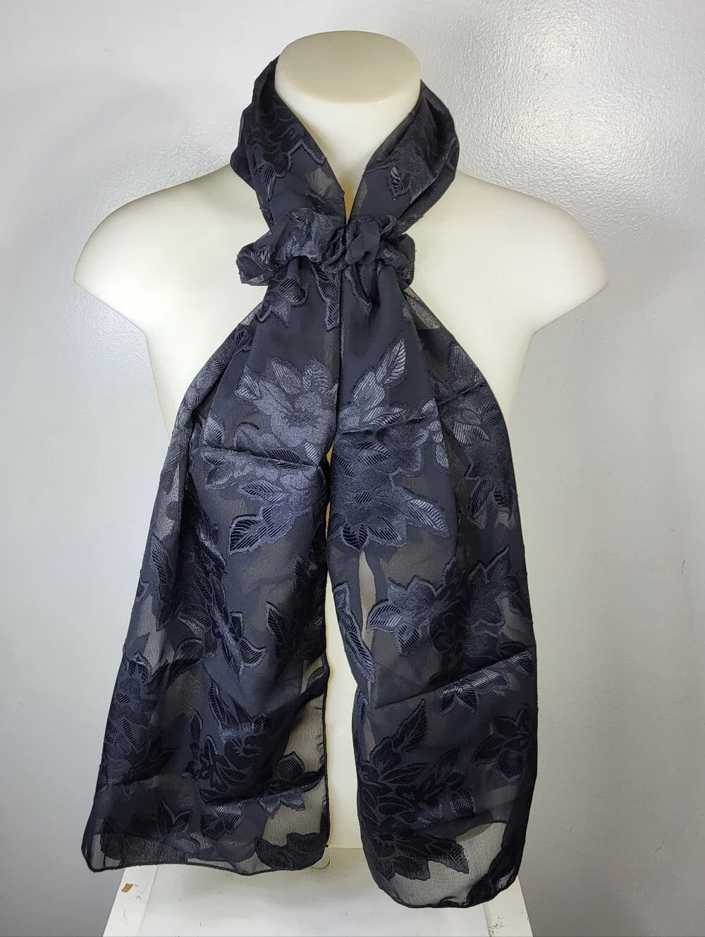 E. Amster Satin Elegant Black Floral Sheer Scarf With Scrunchy